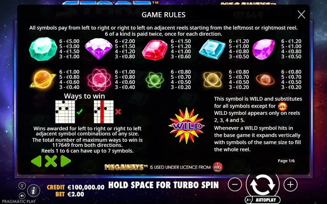 Starz Megaways — symbol values and rules for the captured demo