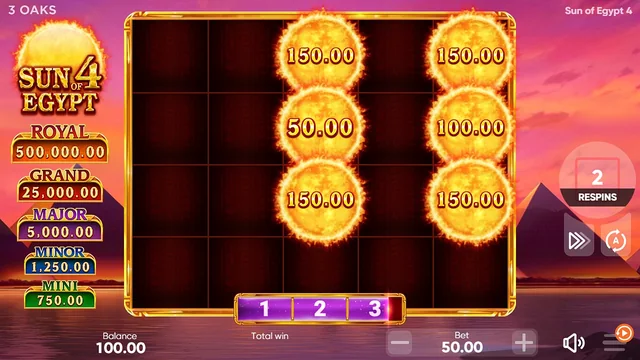 Sun of Egypt 4: held sun values remain on the board while the respin counter runs.