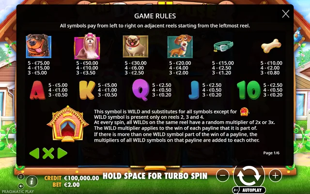 The Dog House — symbol values and rules for the captured demo