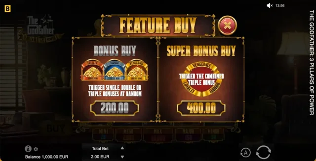 The Godfather: 3 Pillars of Power: official feature purchase menu.