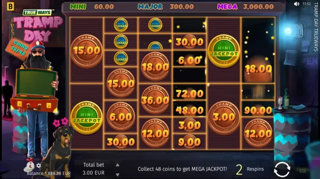 Tramp Day TRUEWAYS: official Coin Respin board with jackpot Coins.