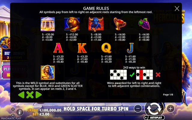 Triple Pot Plinko – Hercules — symbol paytable and game rules