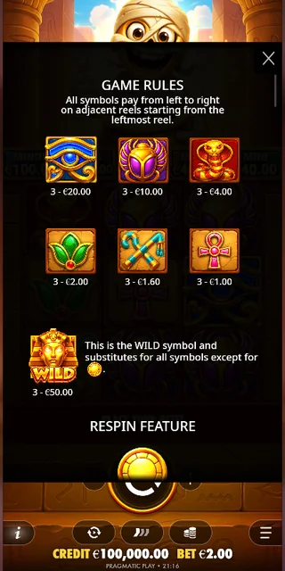 Tut’s Treasure Tower — symbol paytable and game rules
