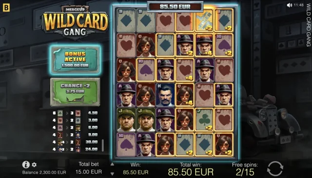 Wild Card Gang: official Free Spins card field with marked cells.