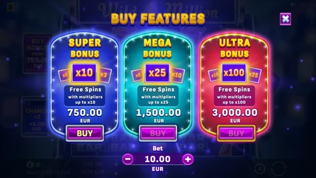 Wild Million: official Buy Features menu with named bonus entries.
