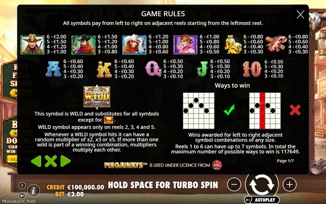Wild West Gold Megaways — symbol paytable and game rules