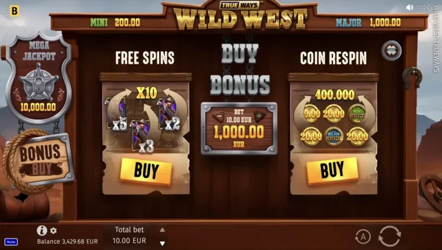 Wild West Trueways: official menu for the two bonus purchases.