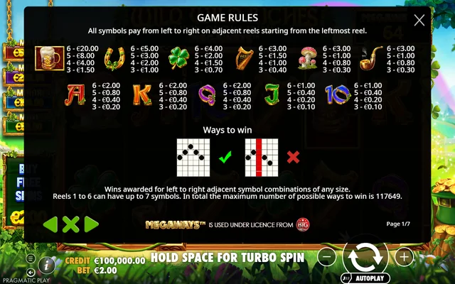 Wild Wild Riches Megaways — symbol paytable and game rules