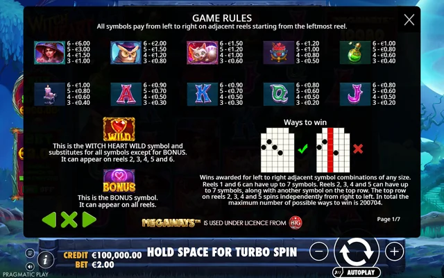 Witch Heart Megaways — symbol paytable and game rules