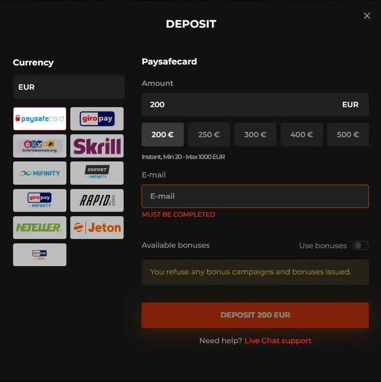 Deposits at N1 Casino